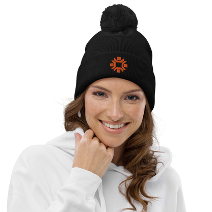 "Winter Olympics" orange embroidered pom pom beanie