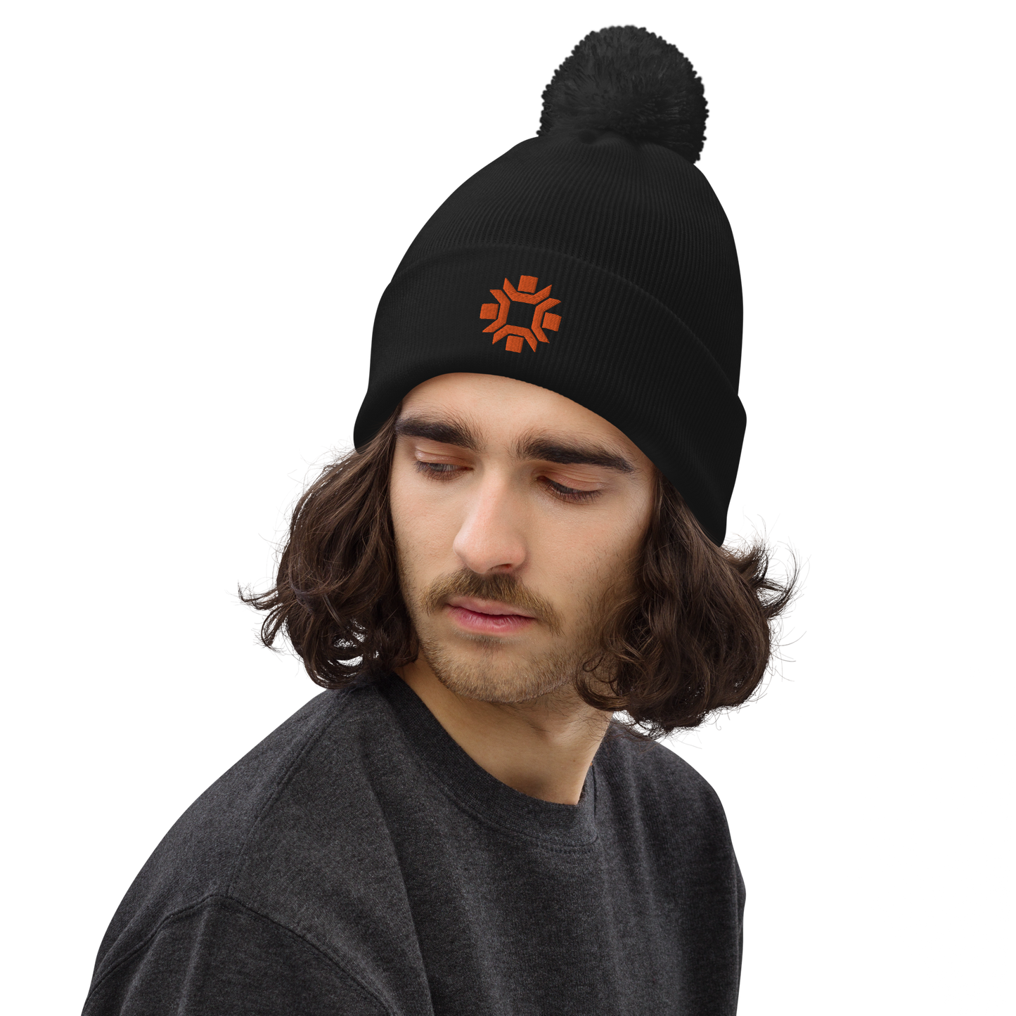 "Winter Olympics" orange embroidered pom pom beanie