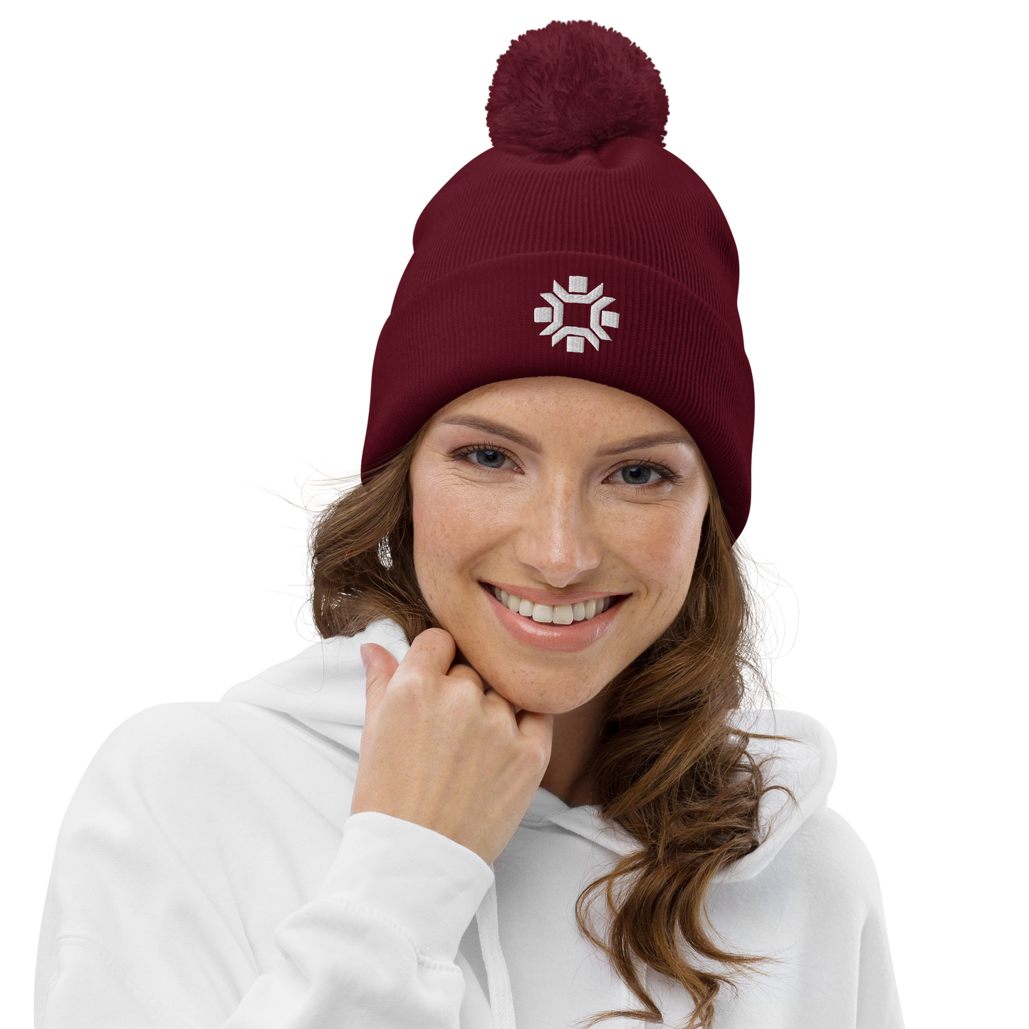 "Winter Olympics" white embroidered pom pom beanie