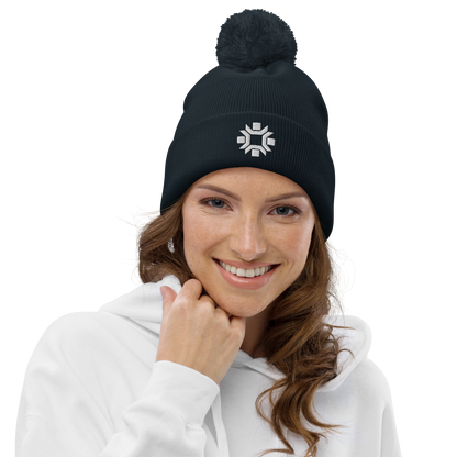 "Winter Olympics" white embroidered pom pom beanie