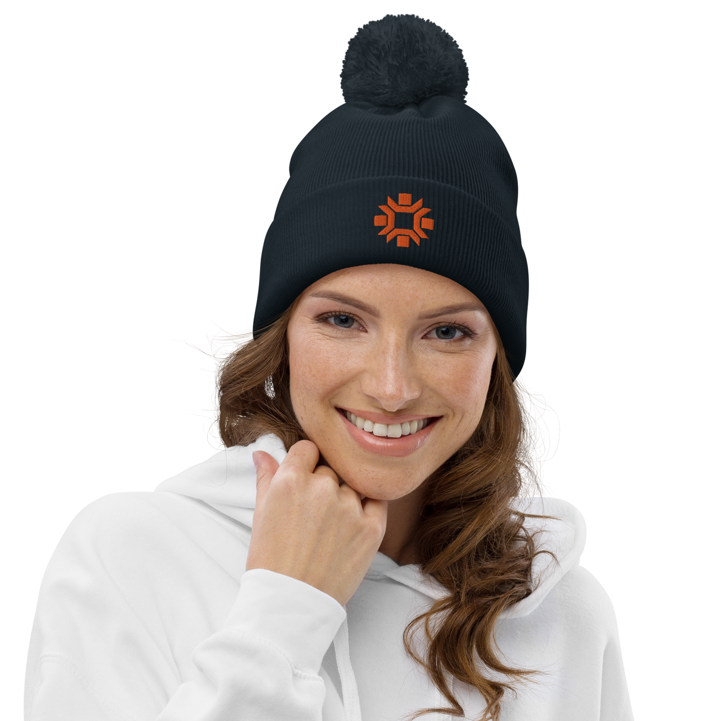 "Winter Olympics" orange embroidered pom pom beanie