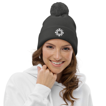 "Winter Olympics" white embroidered pom pom beanie