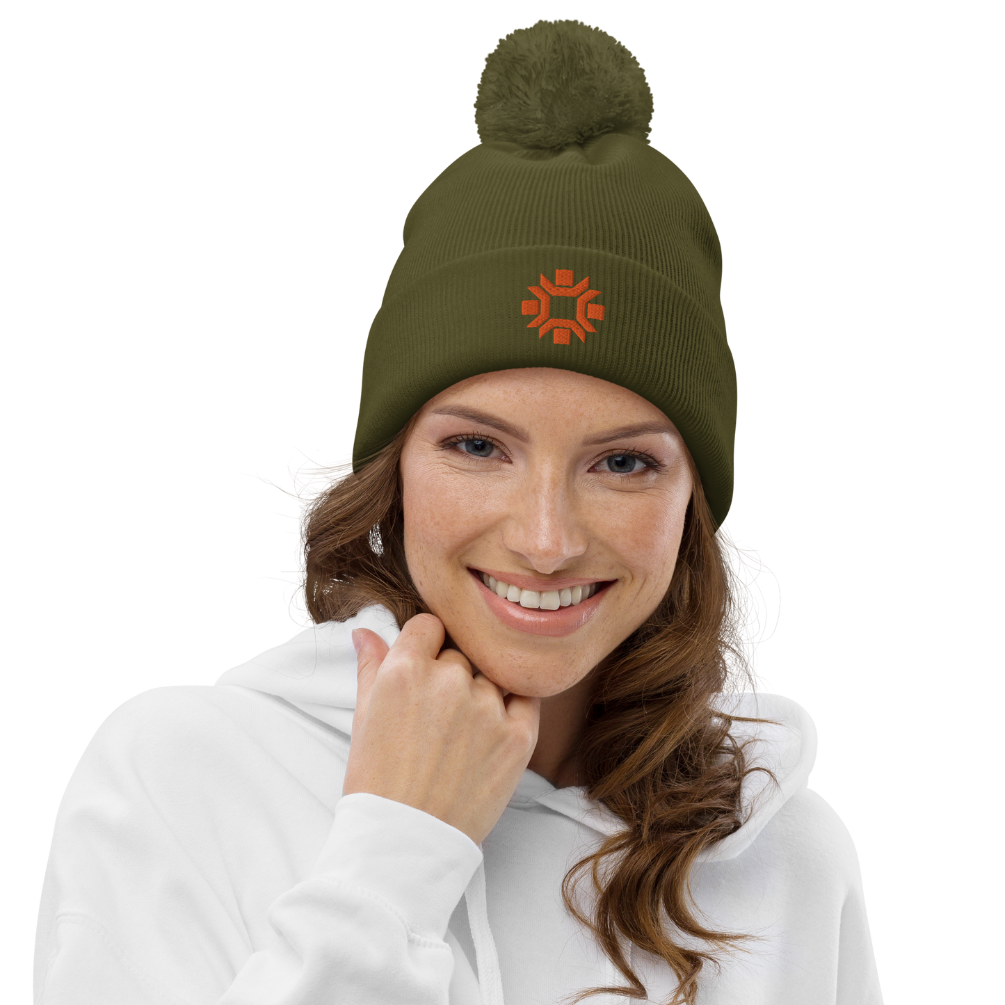 "Winter Olympics" orange embroidered pom pom beanie