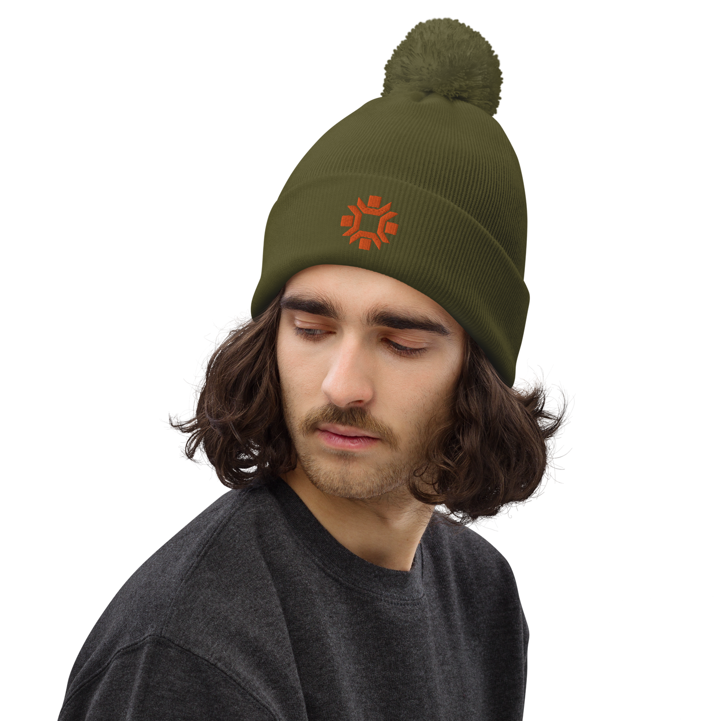 "Winter Olympics" orange embroidered pom pom beanie