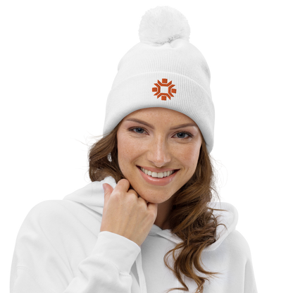 "Winter Olympics" orange embroidered pom pom beanie