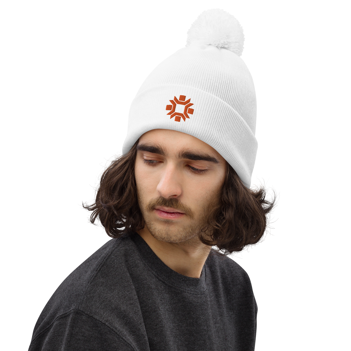 "Winter Olympics" orange embroidered pom pom beanie